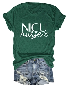 Detail of dark green NICU nurse t-shirt with heart graphic and white lettering