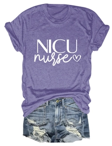 Flat lay of NICU Nurse purple heather t-shirt paired with distressed blue denim shorts
