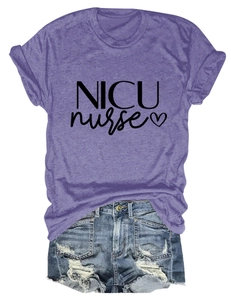Flat lay of purple NICU Nurse t-shirt with heart graphic and distressed denim shorts