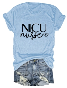 Flat lay of NICU nurse light blue tee paired with distressed denim shorts and fringe detail