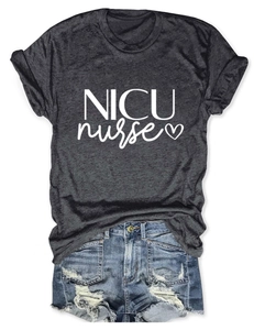 Close-up of NICU nurse dark grey heather tee with denim shorts on white background