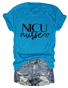 Flat lay detail of electric blue NICU nurse tee with denim shorts for medical staff
