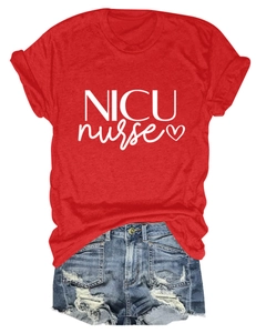 Detail of red NICU nurse cotton t-shirt with heart graphic and white lettering