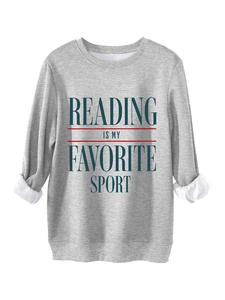 Detail of grey sweatshirt with white fleece lining and Reading Is My Favorite Sport print
