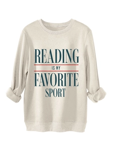 Detail of ribbed cuffs and Reading Is My Favorite Sport text on beige sweatshirt