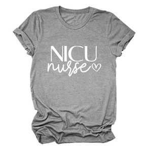 Detail of grey NICU nurse T-shirt with white heart graphic and rolled sleeve cuffs