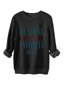 Close-up of thick black sweatshirt fabric and fleece lining with Reading text