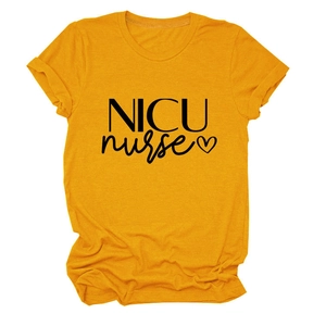 Close-up of NICU nurse print and soft ginger yellow fabric texture on short sleeve T-shirt