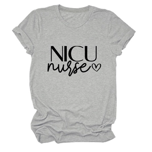 Detail of grey NICU nurse T-shirt showing round neck and heart graphic print