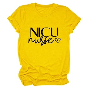 Detailed close-up of NICU nurse heart print on a yellow cotton crew neck short sleeve tee