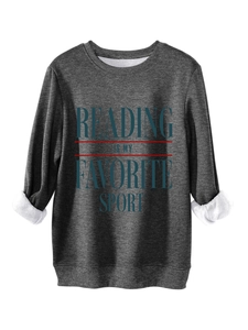 Detail of dark grey sweatshirt showing the thick white fleece lining and reading print