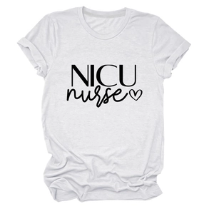 Detail of NICU Nurse white cotton t-shirt featuring black lettering and heart icon