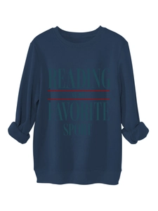 Detail of navy blue sweatshirt with Reading Is My Favorite Sport text and ribbed neck
