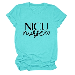 Detail of rolled sleeve and NICU nurse print on mint green cotton t-shirt