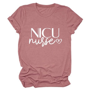Close-up of NICU Nurse slogan and heart print on dusty rose cotton blend t-shirt