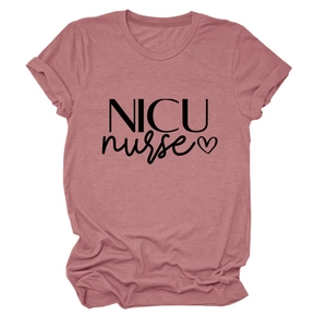 Detail of NICU nurse print on dusty rose crew neck T-shirt with rolled short sleeves