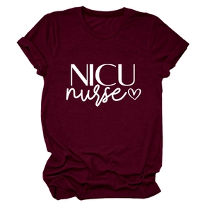 Detailed view of NICU nurse print on soft dark burgundy cotton crewneck t-shirt fabric
