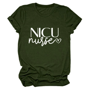 Close-up of rolled sleeves and NICU nurse heart print on dark green cotton T-shirt