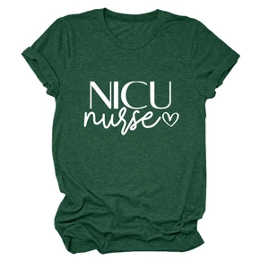 Detail of NICU nurse print on forest green cotton t-shirt with heart graphic