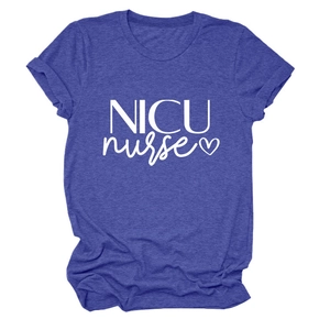 Detail view of the NICU nurse print and heart design on a purple cotton T-shirt