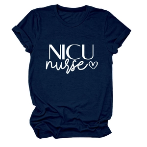 Detail of NICU nurse navy t-shirt featuring rolled sleeves and soft cotton fabric texture