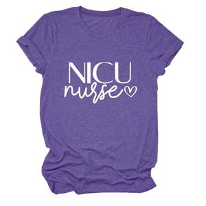 Detail of NICU nurse text and heart print on purple cotton blend round neck T-shirt