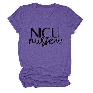 Close-up of NICU nurse typography and heart design on a soft purple cotton T-shirt