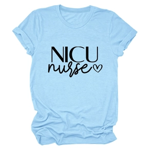 Light blue NICU Nurse cotton T-shirt with heart graphic and casual crew neck