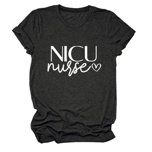 Close-up of NICU nurse typography and heart print on dark grey cotton T-shirt fabric