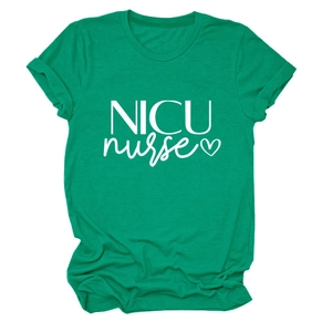 Detail of NICU nurse letter print and heart graphic on green cotton short sleeve t-shirt