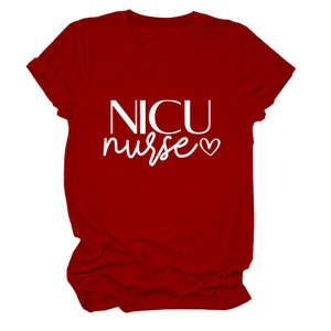 Detailed close-up of NICU nurse printed text and heart on red cotton crewneck t-shirt