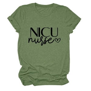 Close-up of olive green NICU nurse t-shirt with crew neck and black printed heart logo