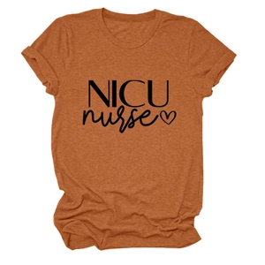 Detail of caramel cotton t-shirt showing NICU nurse print and rolled cuff sleeve