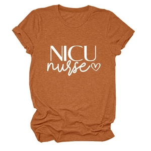 Detail of NICU nurse print on soft caramel cotton fabric of a casual women's t-shirt