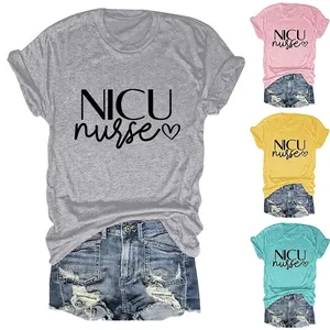 Women's NICU Nurse Heart Print T-Shirt Casual Cotton Blend Round Neck Short Sleeve Loose Fit Summer Nursing Tee Top Clothing