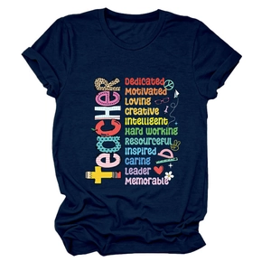 T-shirt da donna in cotone blu navy con stampa colorata motivazionale per insegnanti