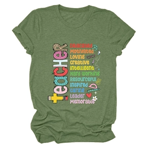 Dettaglio del tessuto della maglietta verde Teacher e design grafico educativo