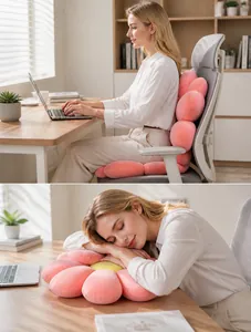 Detalle del cojín de margarita en pana para sillas y apoyo lumbar ergonómico