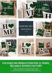 Macro detail of Buffalo Plaid linen pillow covers with St. Patrick's Day patterns