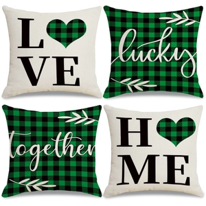St Patrick's Day Linen Cushion Covers Green Buffalo Plaid Clover Heart Pattern Decorative Pillow Case For Sofa Home