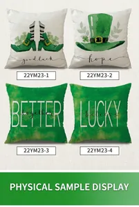 Detail of four Saint Patrick's Day linen pillow covers with clover and leprechaun motifs