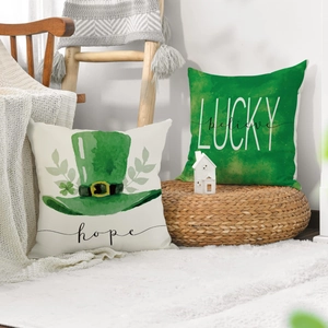 St. Patrick's Day linen pillow covers with green watercolor Lucky and Hope designs