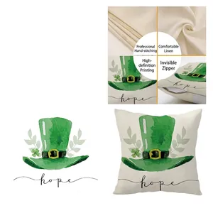 St. Patrick's Day linen pillowcase with green hat, clover pattern and hope lettering