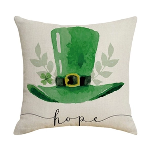 Linen Saint Patrick's Day pillow cover with green hat, clover pattern and hope text