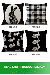 Grid view of four vintage Easter rabbit linen pillow covers with black and white patterns