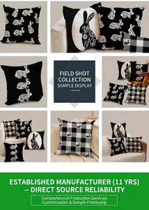Detailed pattern of Easter linen pillow covers with black and white rabbit prints