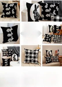 Detailed pattern of Easter linen pillow covers with black and white rabbit prints