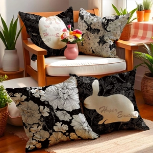 Easter Pillowcase Linen Rabbit Floral Print Decorative Square Cushion Cover Black White