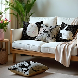 Easter decorative throw pillow covers with rabbit and egg print on black floral background