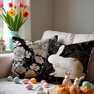 Easter decorative linen pillowcases with white bunny and floral patterns in 2-piece set